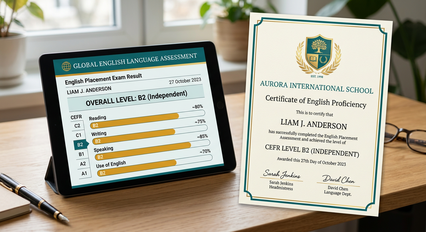 Resultado de examen de ubicación de inglés y certificado Scholaria